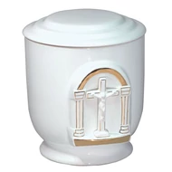 Fehér kerek urna domború feszülettel