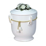 Fehér kerek urna zsinórral, virággal Fehér kerek urna zsinórral, virággal