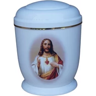 Fehér, fém urna Jézussal