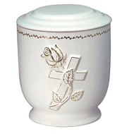 Fehér urna arany rózsával, kereszttel