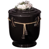Fekete kerek urna zsinórral, virággal