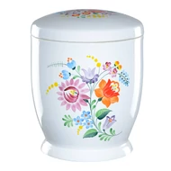 Fehér kerámia urna kalocsai mintával