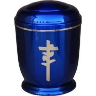 Kék, arany rózsa keresztes fém urna