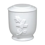 Fehér kerek matt urna rózsával, kereszttel