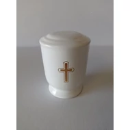 Fehér kerámia relikviatartó, mini urna arany színű kereszttel
