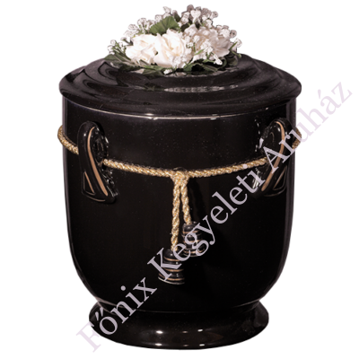 Fekete kerek urna zsinórral, virággal