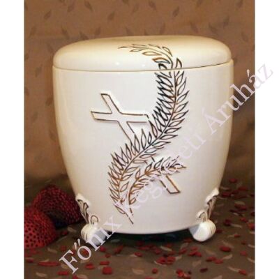 Kézi festett kerámia urna ágas kereszttel