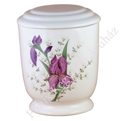 Fehér kerek urna lila virággal