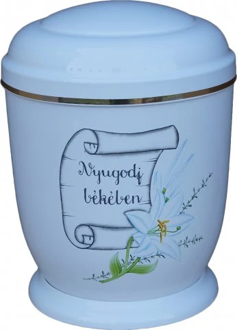 Fehér, liliomos fém urna